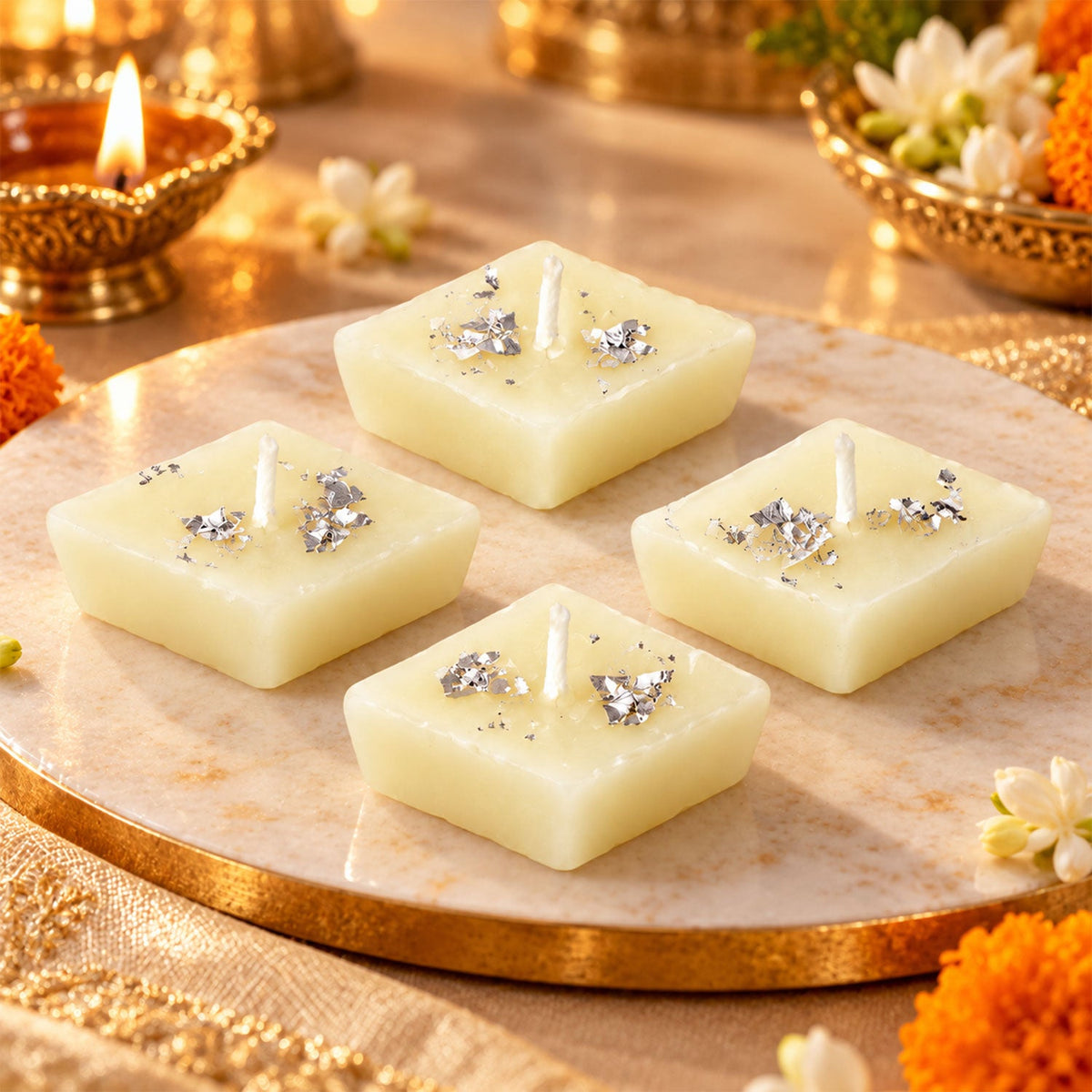 Four unlit diamond-shaped cream candles with silver foil accents arranged on a round marble tray, with blurred festive decor