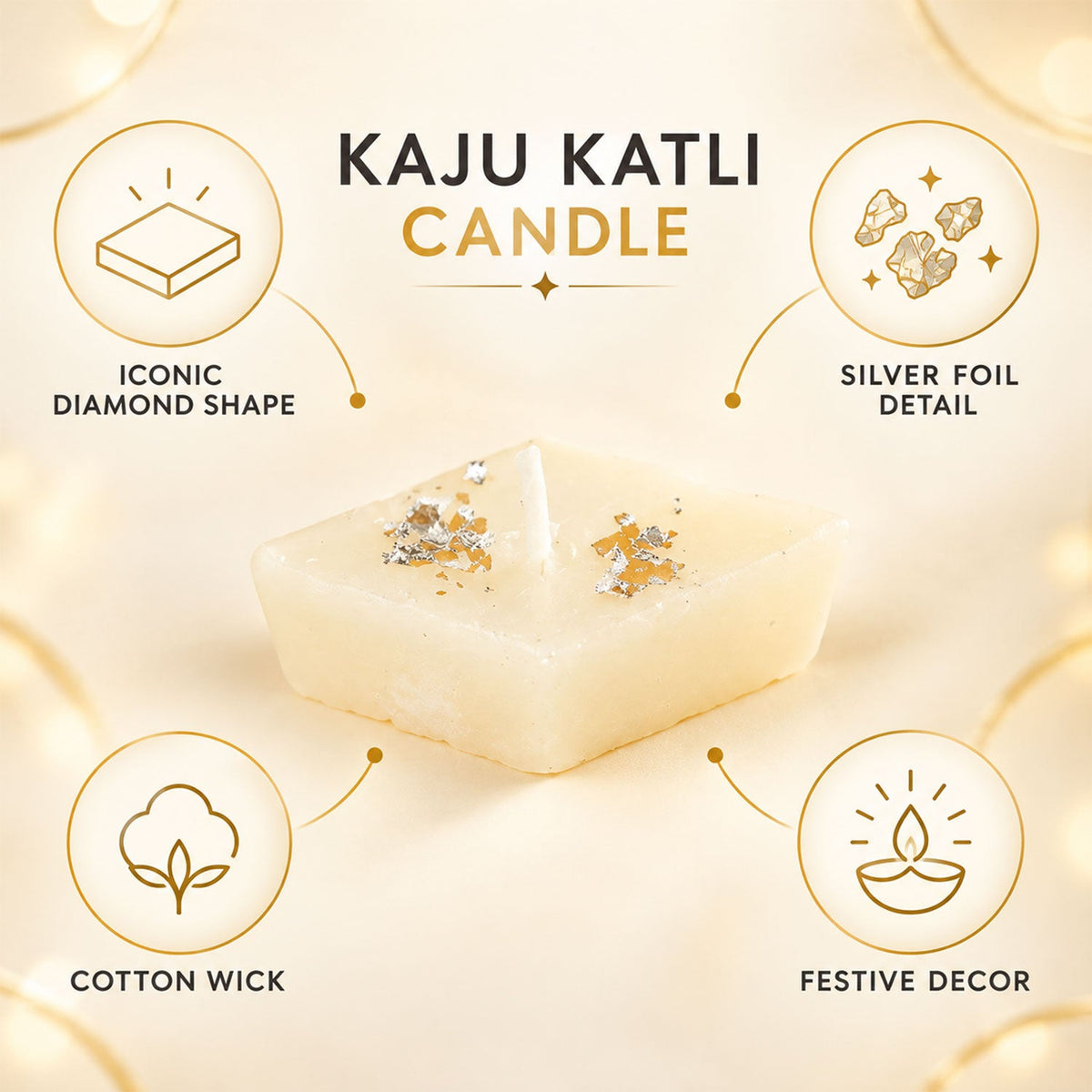 A single diamond-shaped cream candle with silver foil, highlighting its iconic shape, silver detail, cotton wick, and