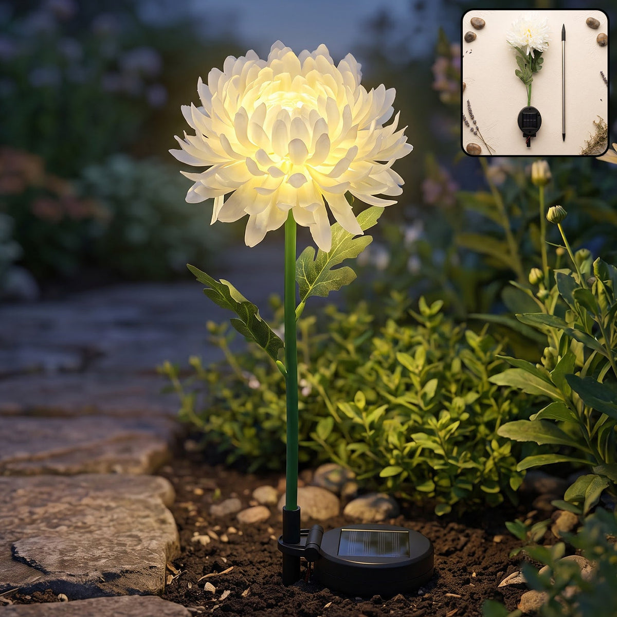 A white chrysanthemum flower solar stake light glowing brightly in a garden bed, with an inset of the product components.