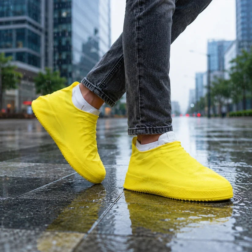 A person wearing gray jeans and white socks has bright yellow waterproof shoe covers over their shoes, 