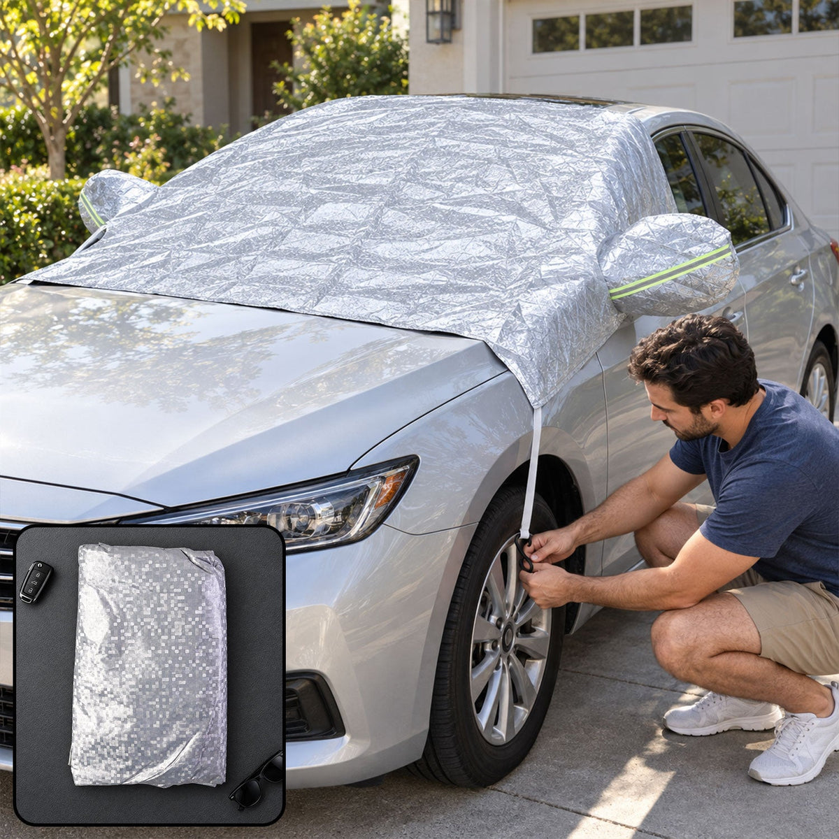 Exterior windshield cover being secured on a parked car