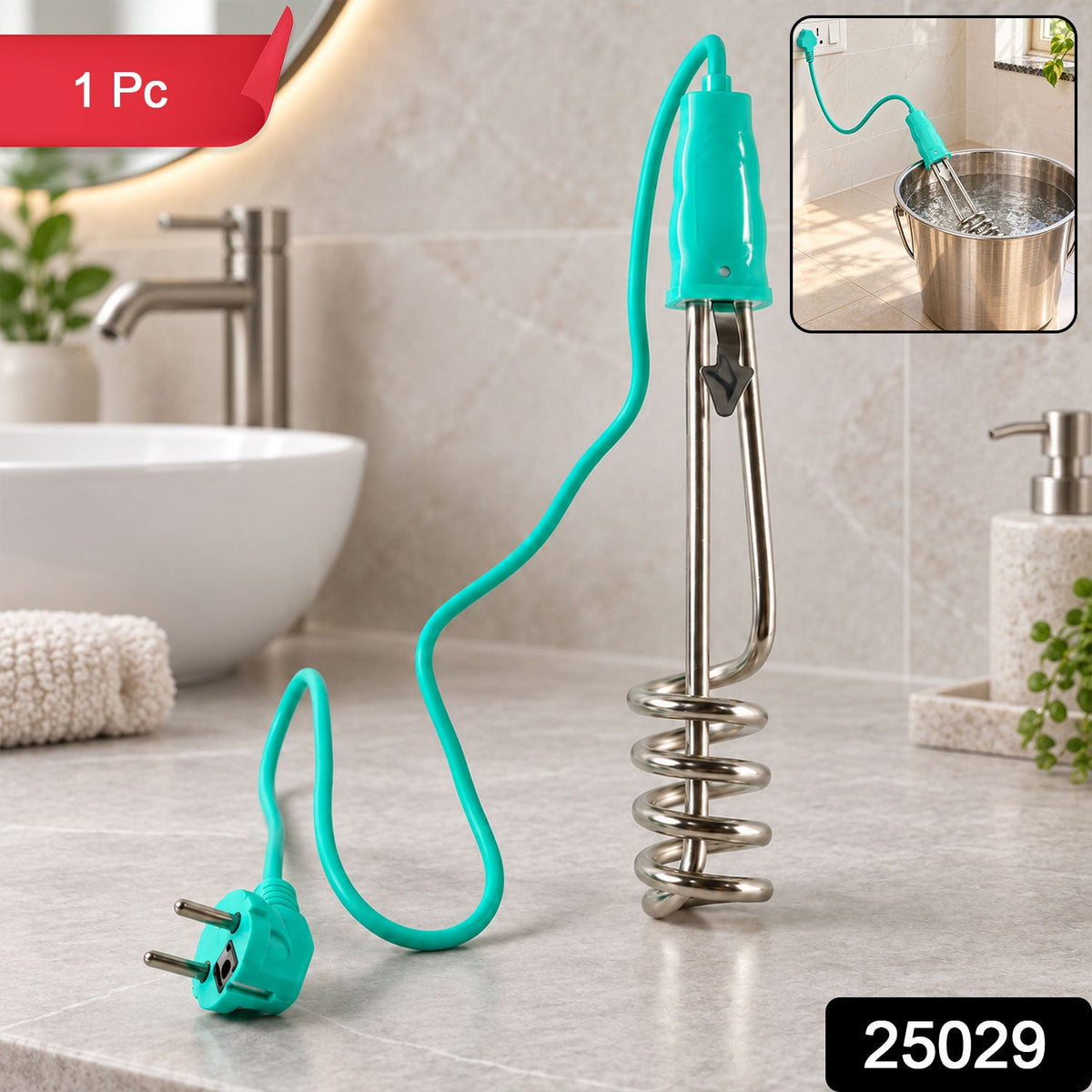 Electric Immersion Water Heater Rod with Spiral Coil and Hanging Rim Clip (1 Pc)