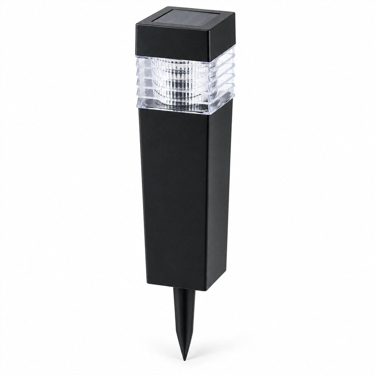 A single black solar light with a clear ribbed diffuser and a pointed ground stake on a white background.
