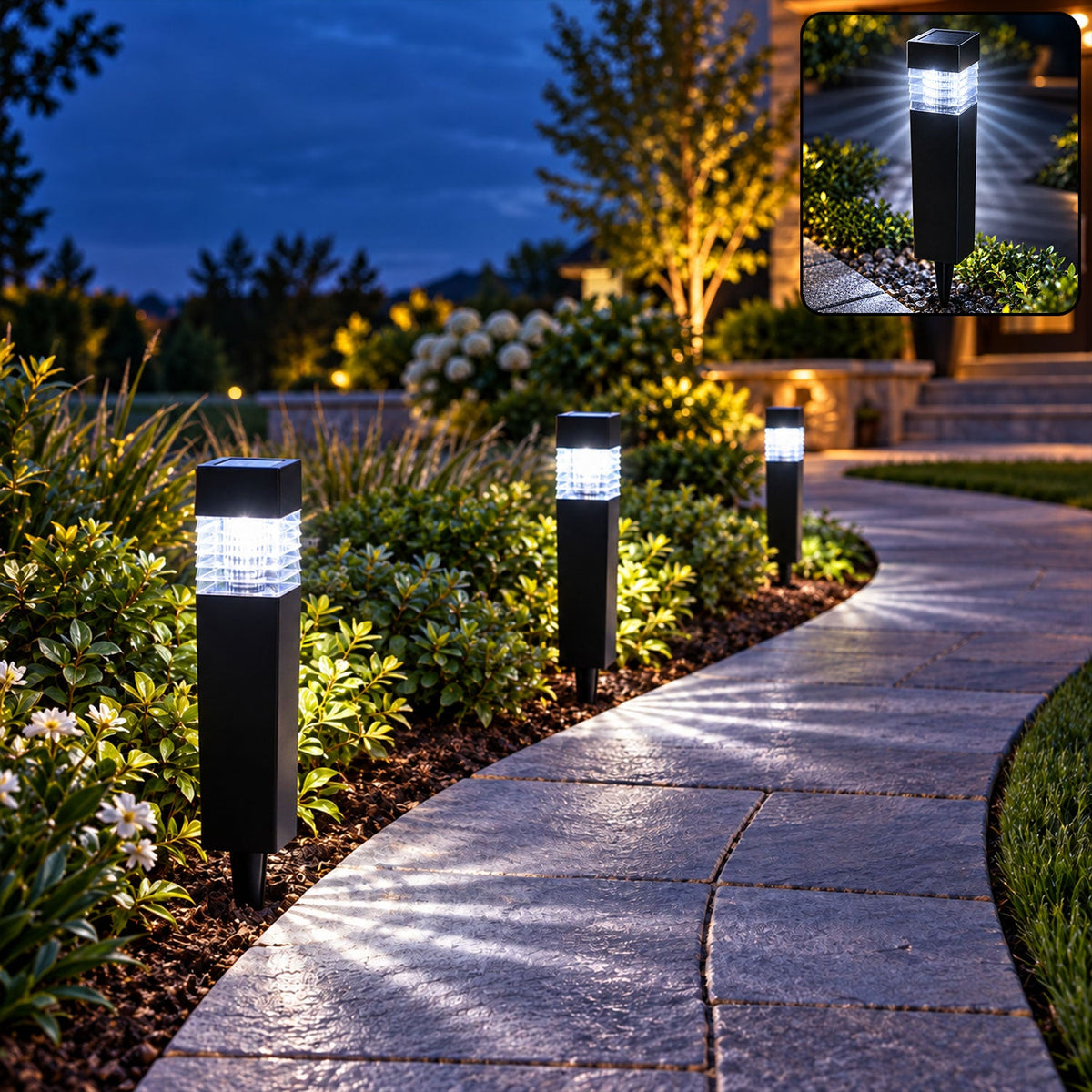 Three black solar lights illuminate a curved stone pathway next to green foliage at dusk, with an inset close-up of one