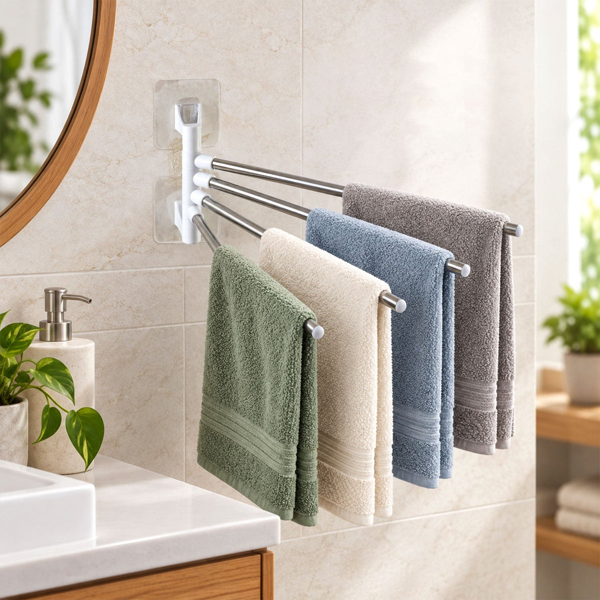 A four-bar towel rack in white and silver holds four towels of different colors on a light tiled wall.