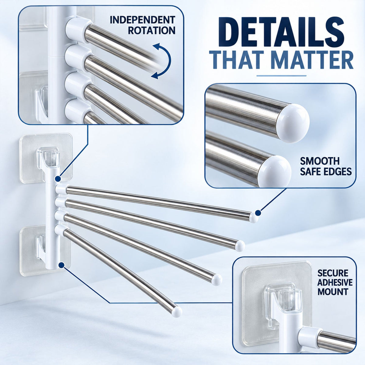 Close-up views highlight the independent rotation, smooth safe edges, and secure adhesive mount of the towel rack.