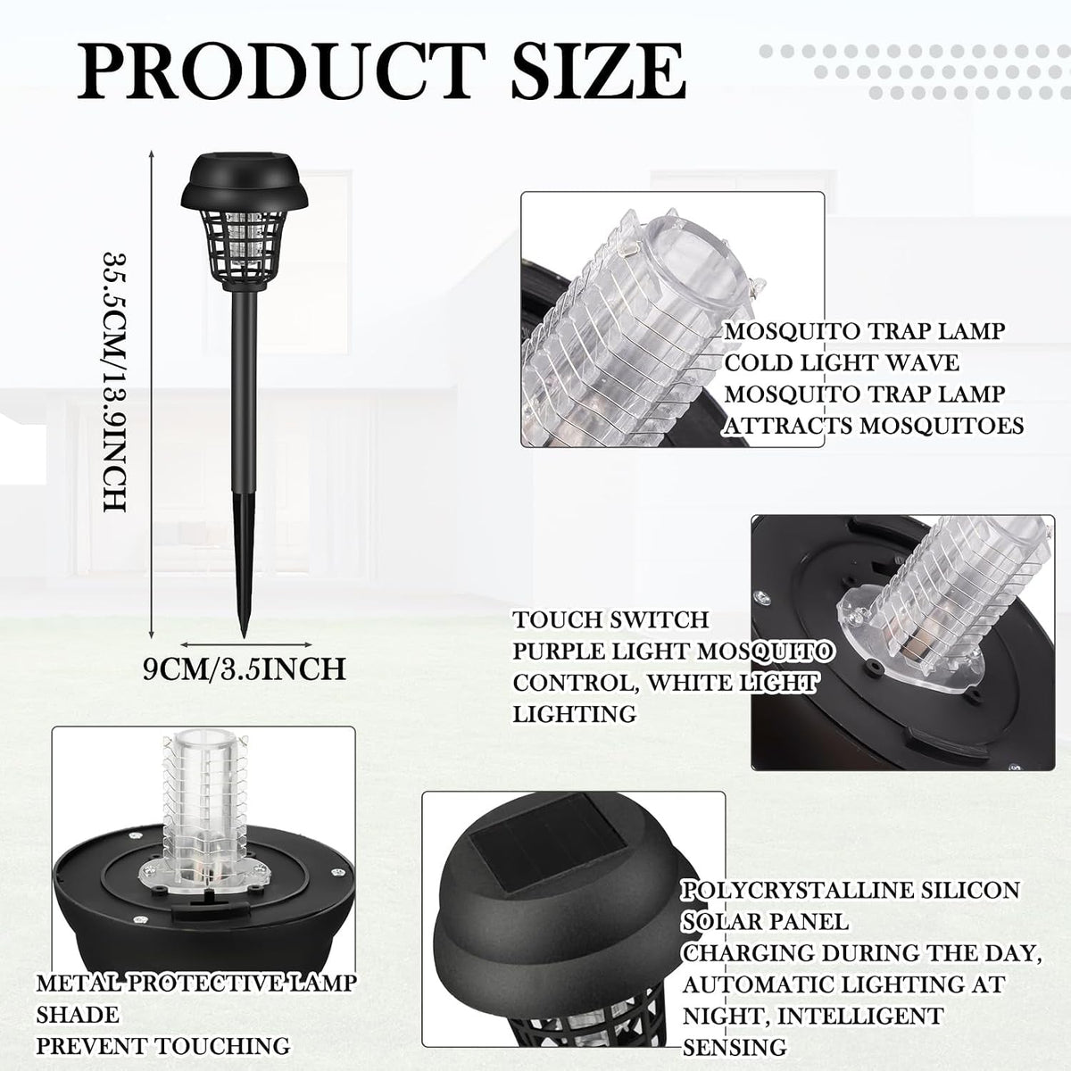 An infographic displays the lamp's dimensions, internal components, and functionality details.