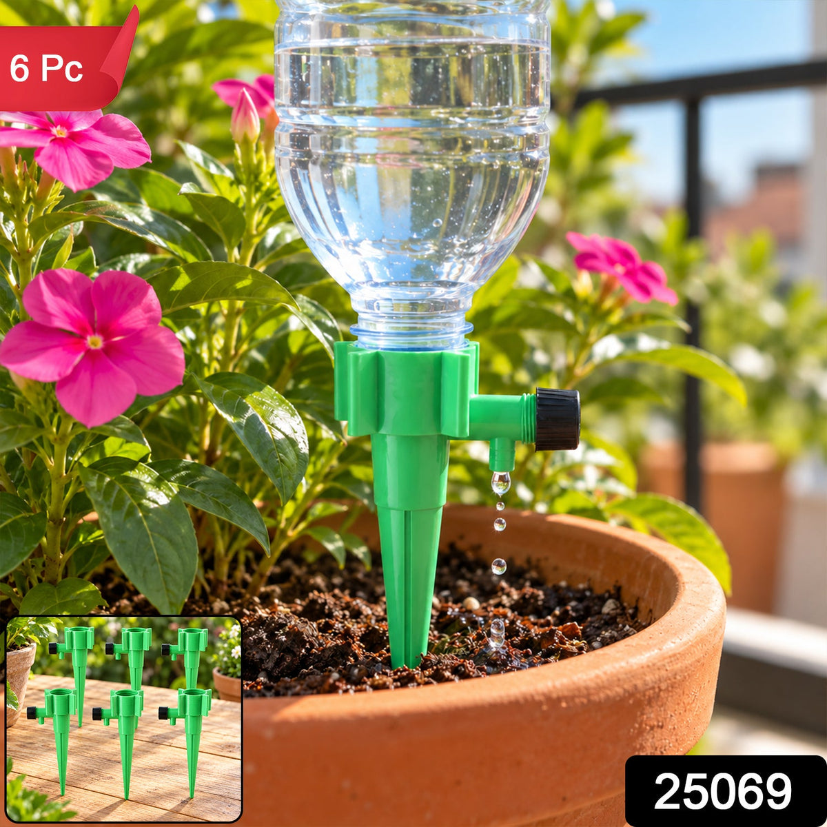 A green plastic plant watering spike with a clear water bottle inserted, dripping water into a terracotta pot with â€“ view 8