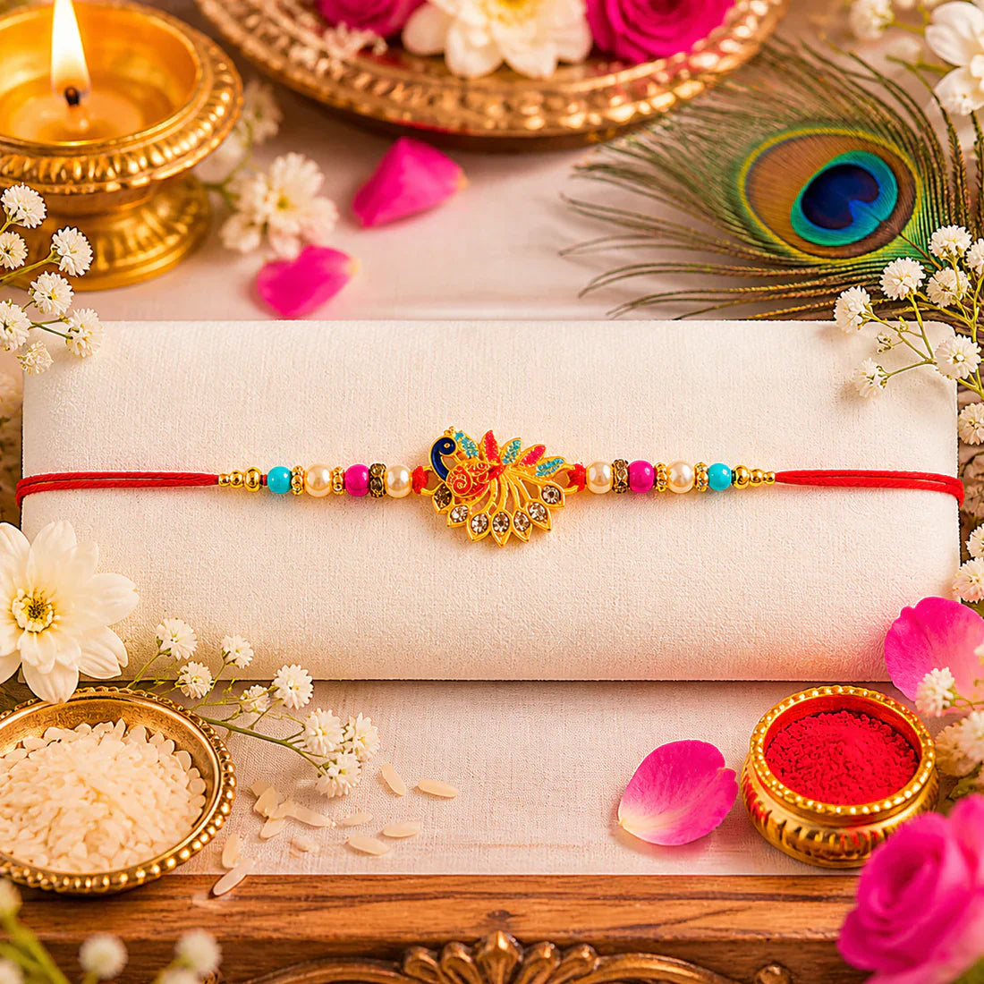 Peacock Rakhi displayed on hand, showcasing elegant stone detailing