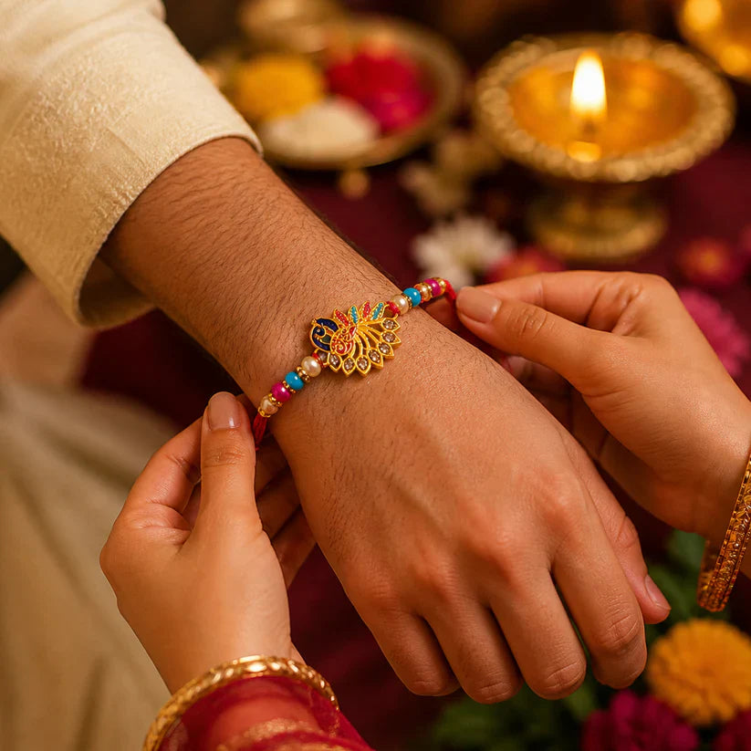 Multiple angle shots highlighting craftsmanship of stone-embellished Peacock Rakhi