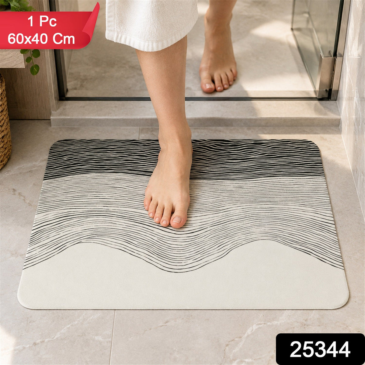 A person's feet are shown stepping onto a rectangular mat, featuring a black and white wavy pattern.