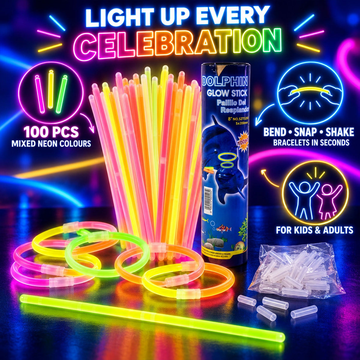 Multicolour party glow stick bracelets - party light overview