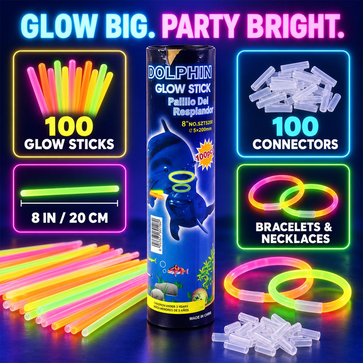 Multicolour party glow stick bracelets - size and contents