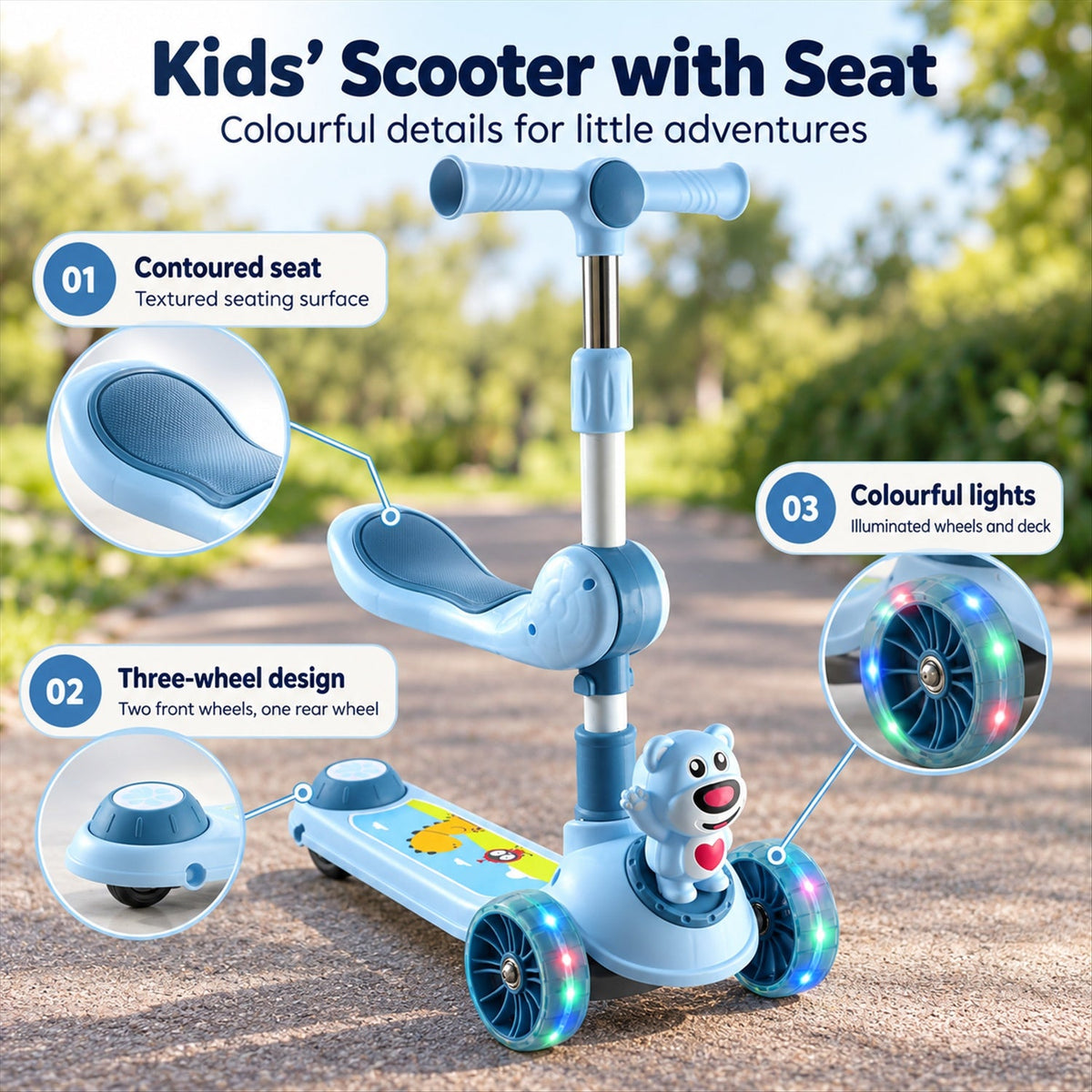 3 wheel scooter seat kids ride