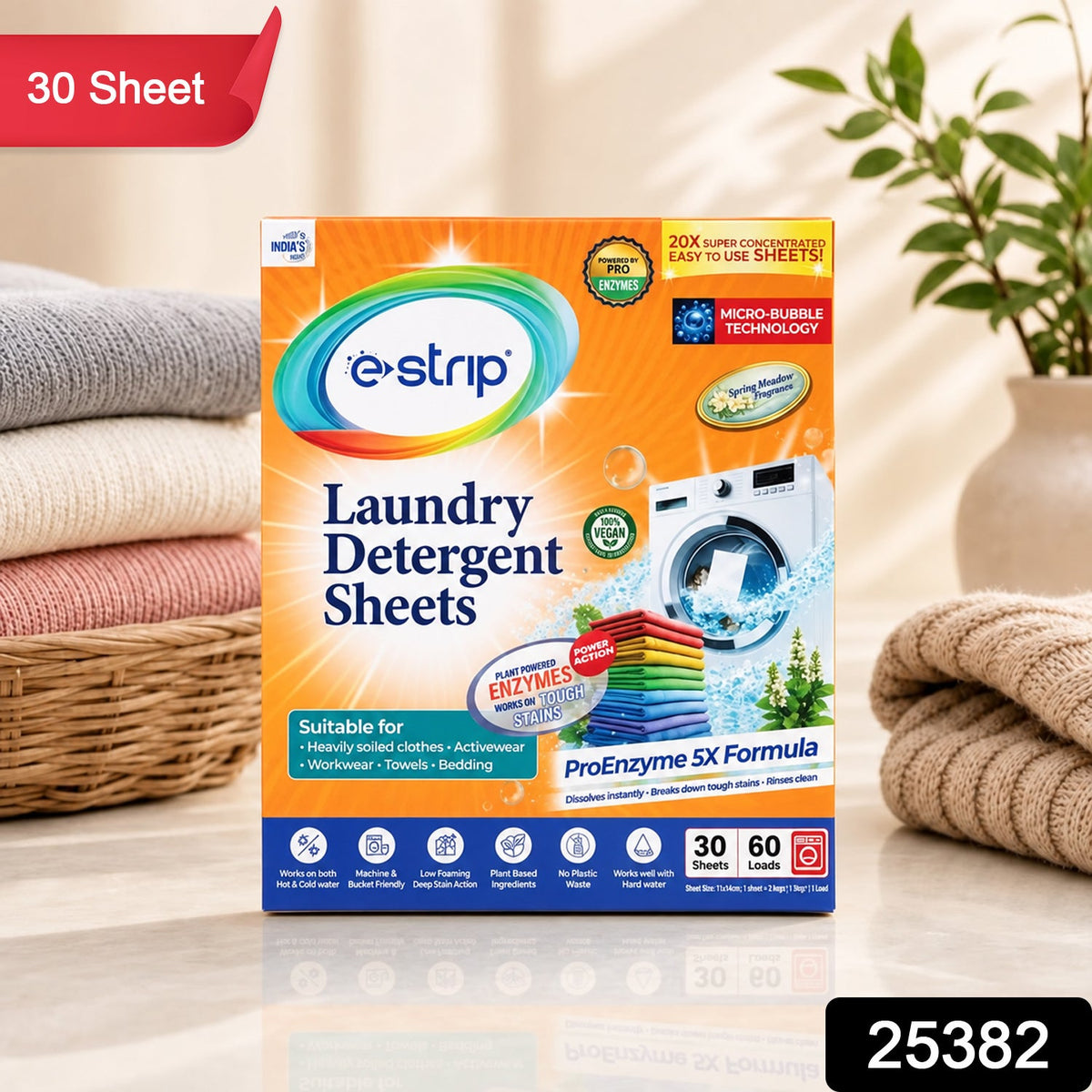 Open box showing 30 laundry detergent sheets for washing