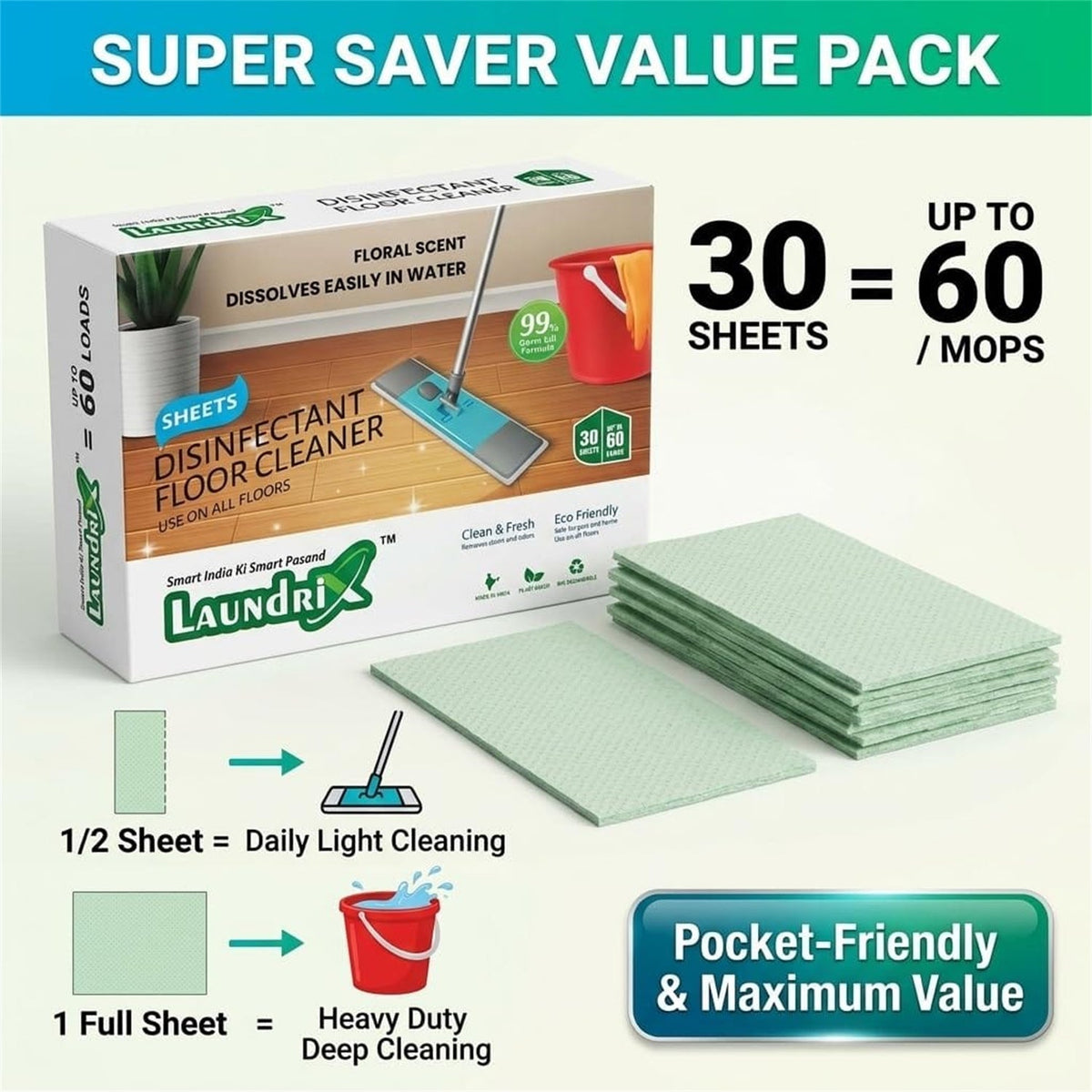 A box of floor cleaner sheets and a stack of mint green cleaning sheets, with diagrams showing usage.