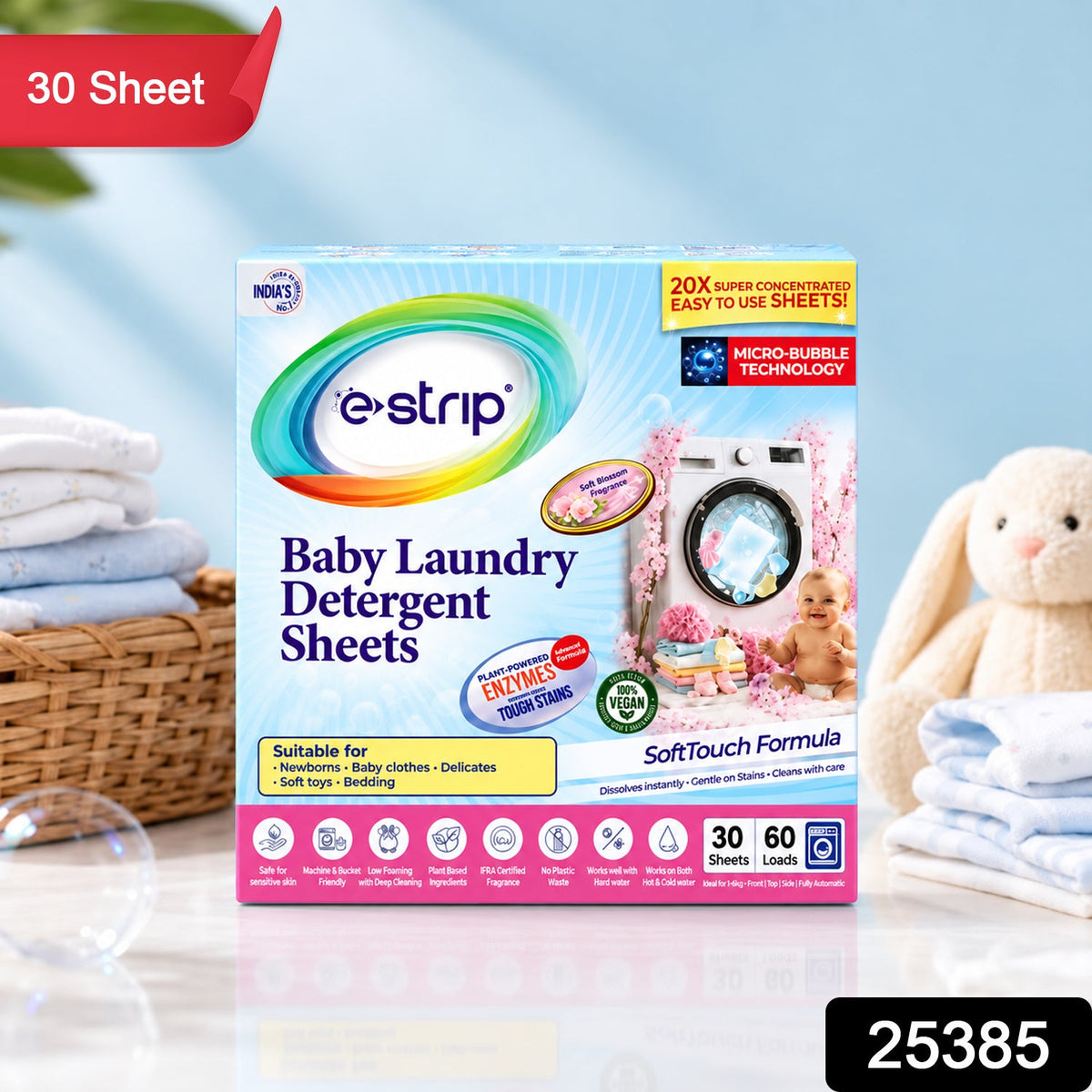 Stack of baby laundry detergent sheets in a blue and white box