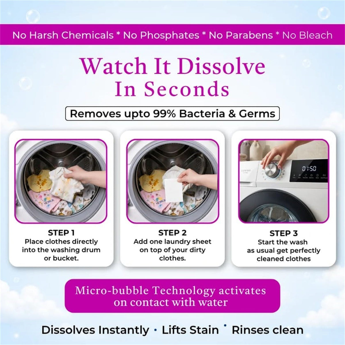 Diagram showing how to use baby laundry detergent sheets for machine washing