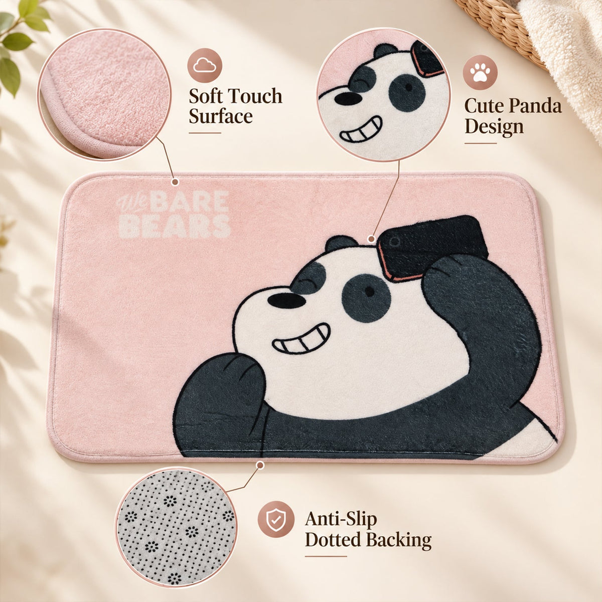 A pink mat with a panda design, highlighting its soft surface, cute design, and anti-slip dotted backing.