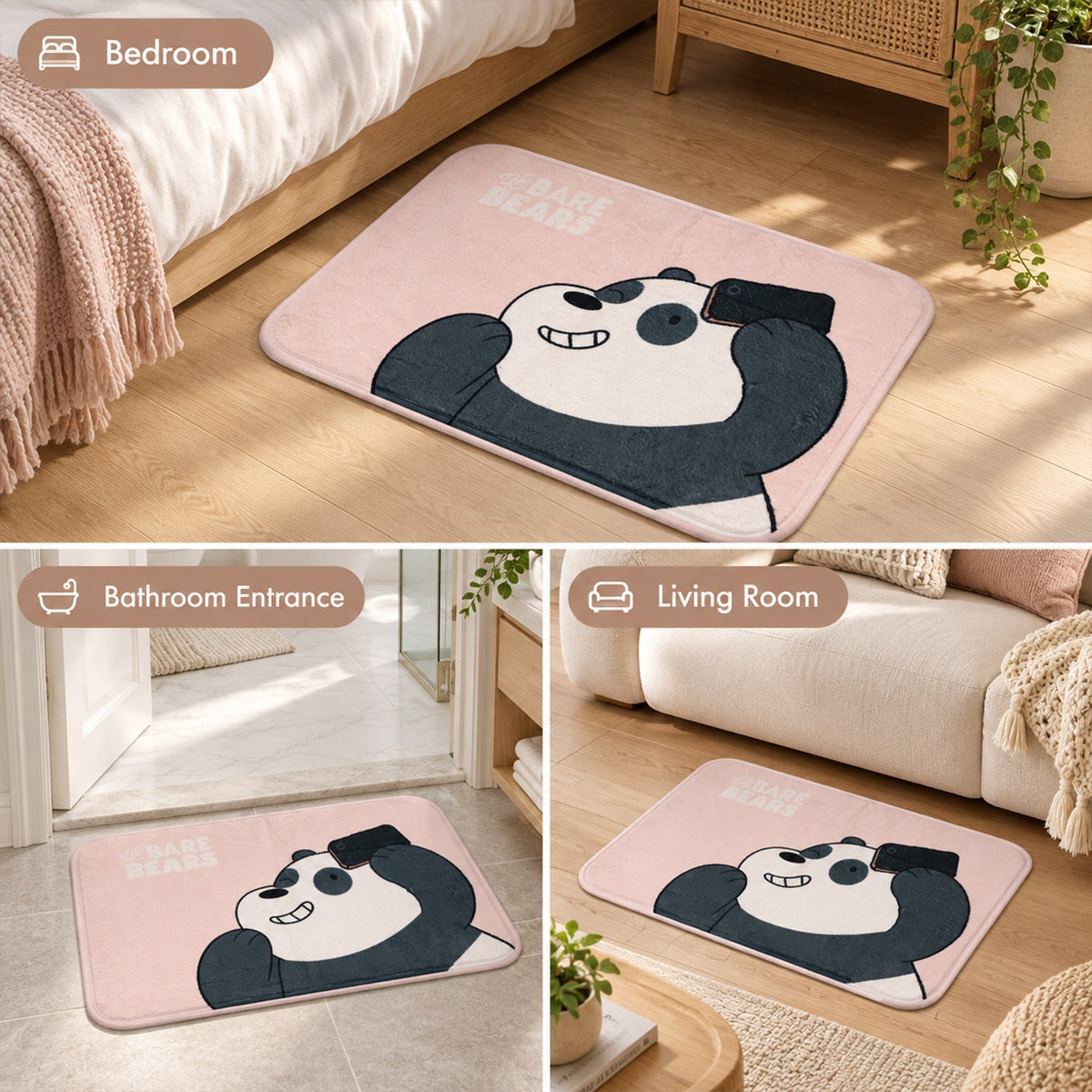 Three separate images show the pink panda mat in a bedroom, a bathroom entrance, and a living room setting.