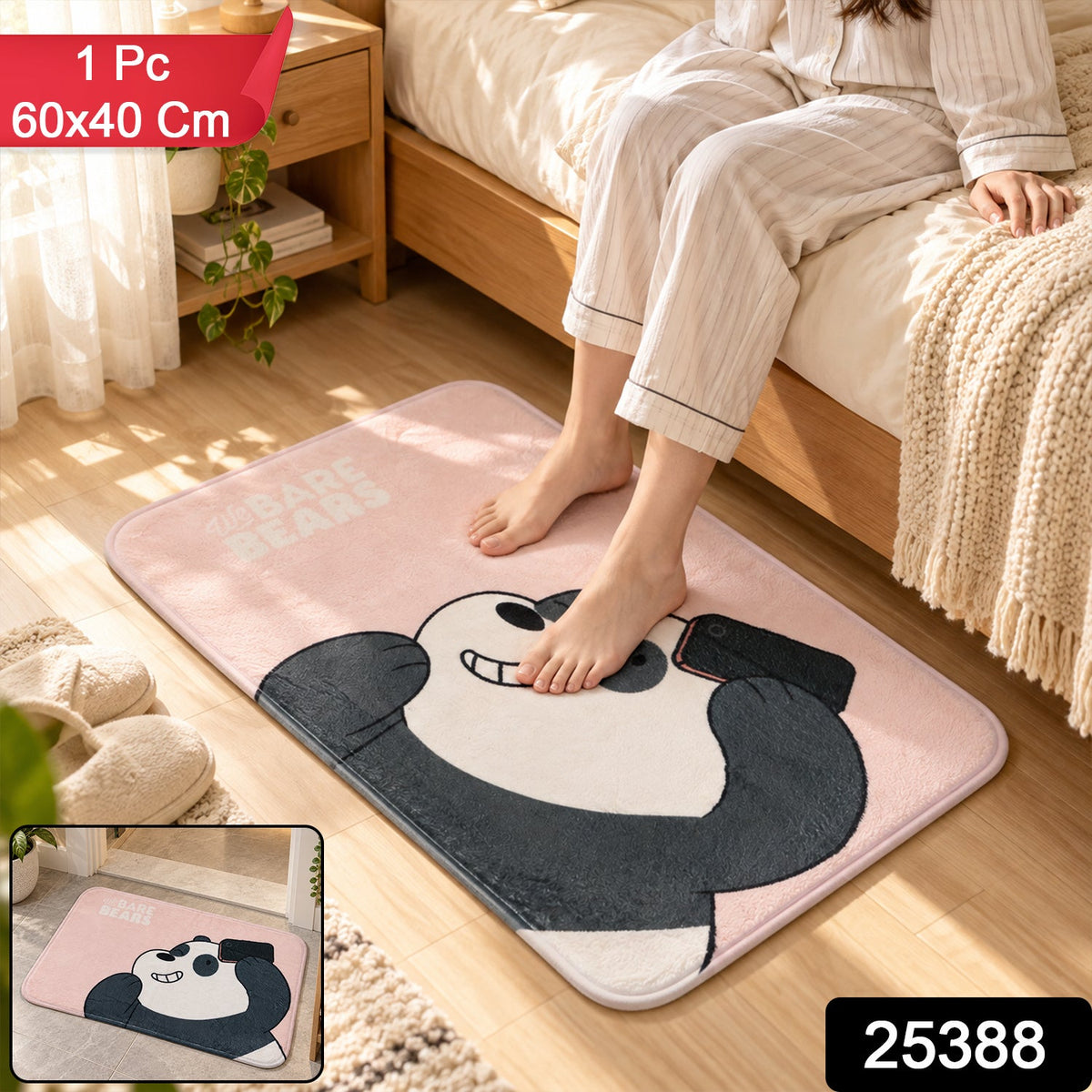 A person's feet are on a pink mat with a panda character, next to a bed and slippers, with product details overlaid.