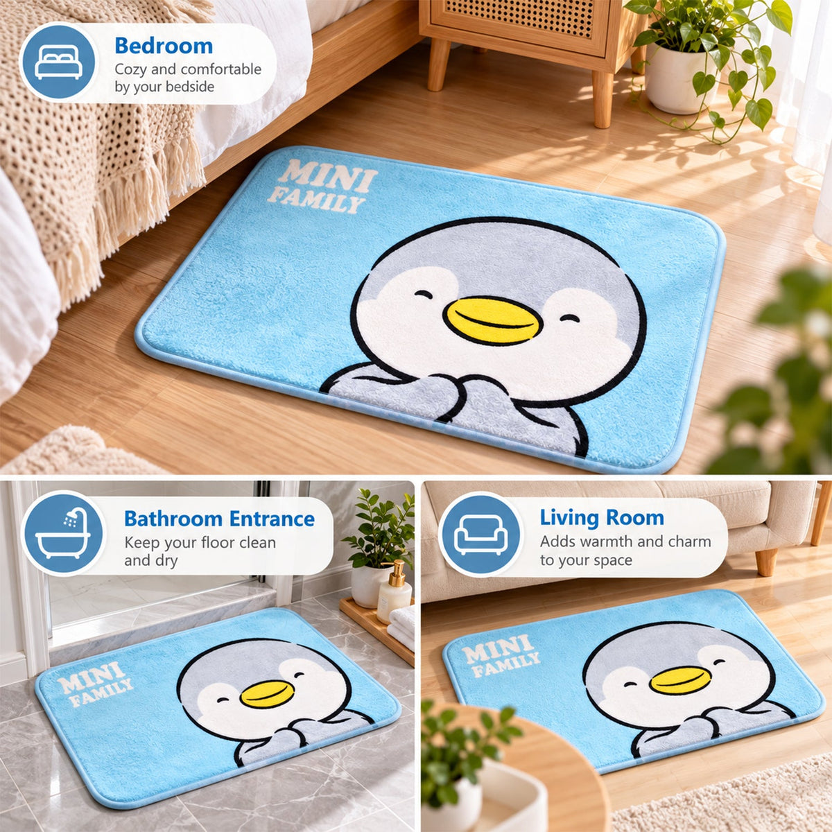 Three small images show the penguin bath mat in a bedroom, a bathroom entrance, and a living room setting.