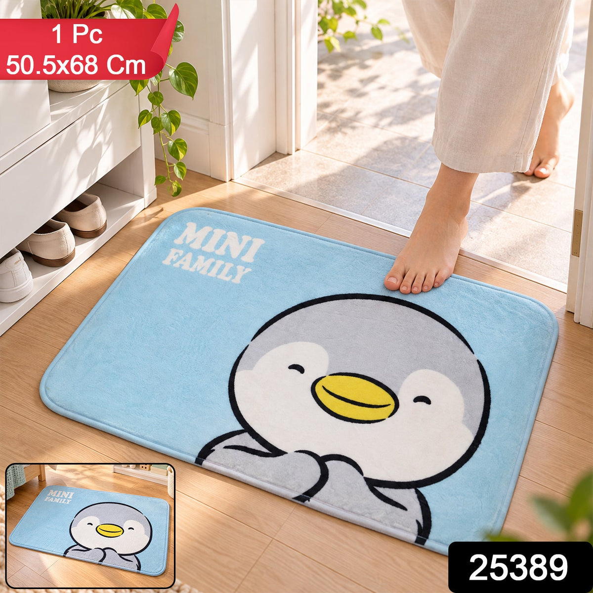 A person steps onto a light blue bath mat with a cartoon penguin design, placed on a wooden floor near a doorway.