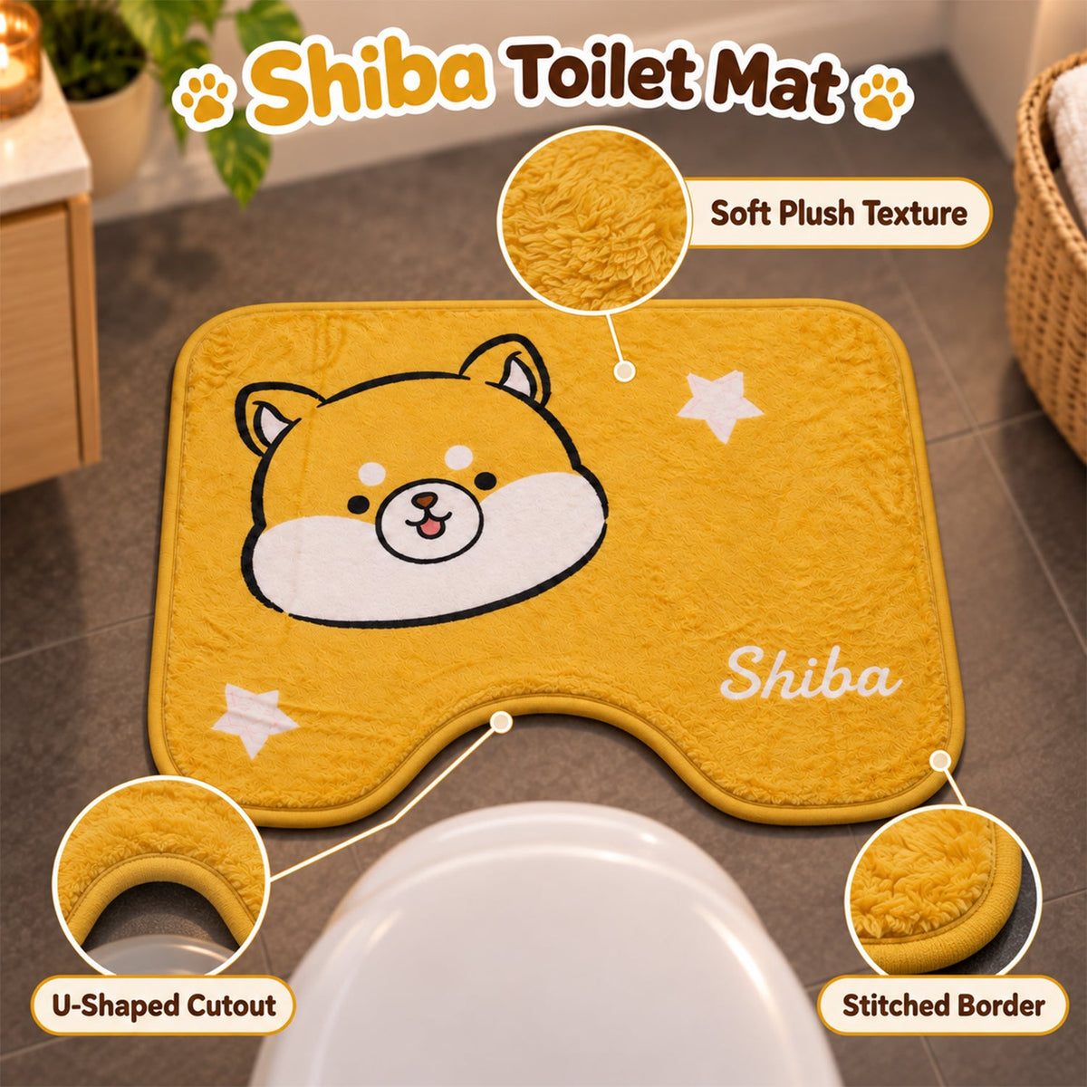 A yellow U-shaped toilet mat with a Shiba Inu design, highlighting its soft plush texture and stitched border.