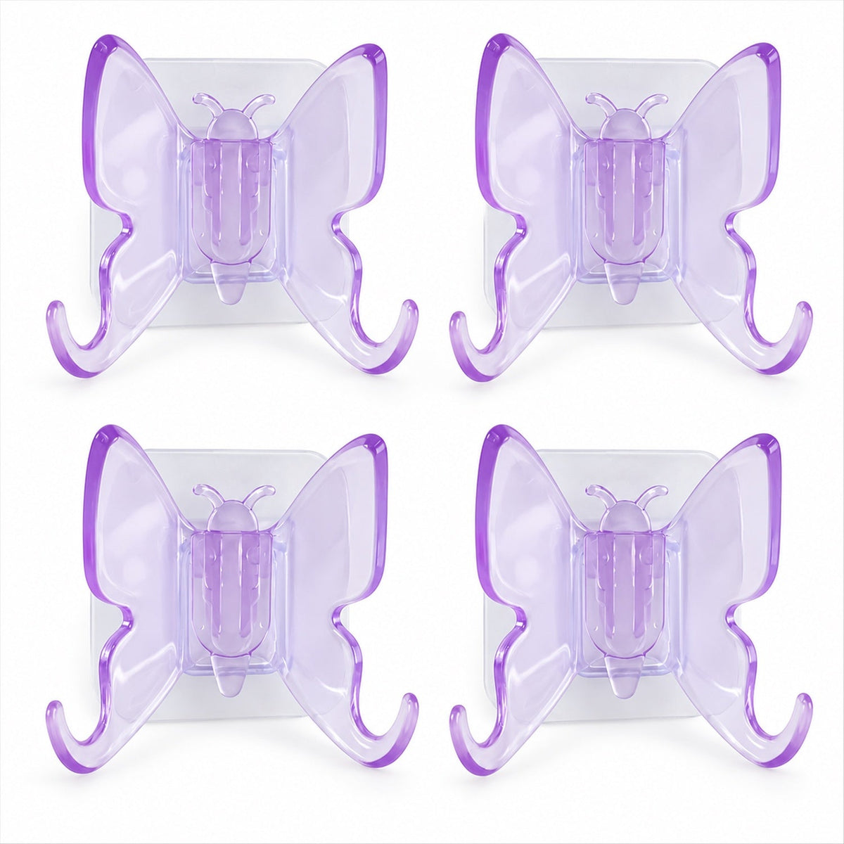 Four translucent purple butterfly-shaped wall hooks with double prongs, arranged in two rows on a white background.