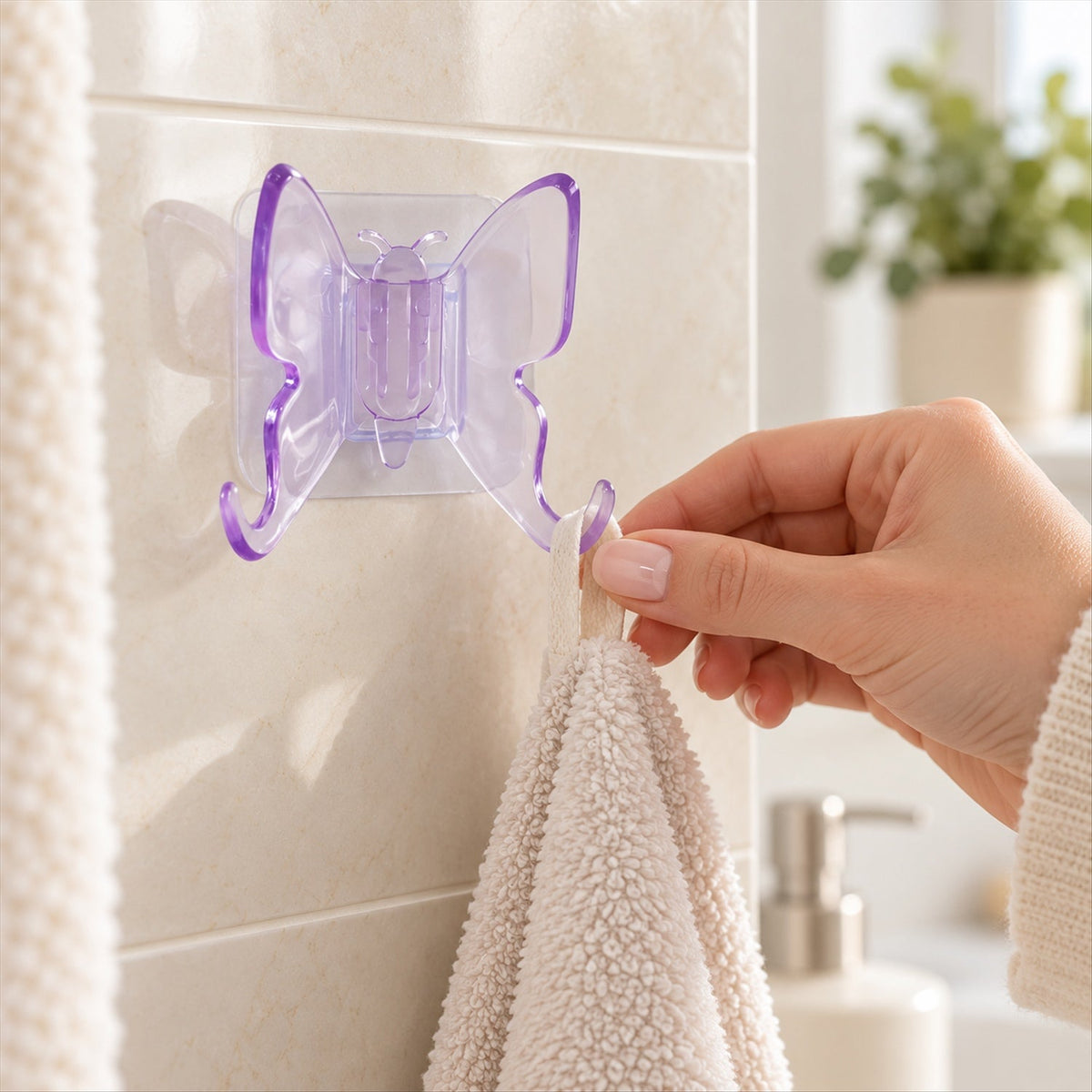 Detailed view of the clear adhesive backing pad on a butterfly wall hook