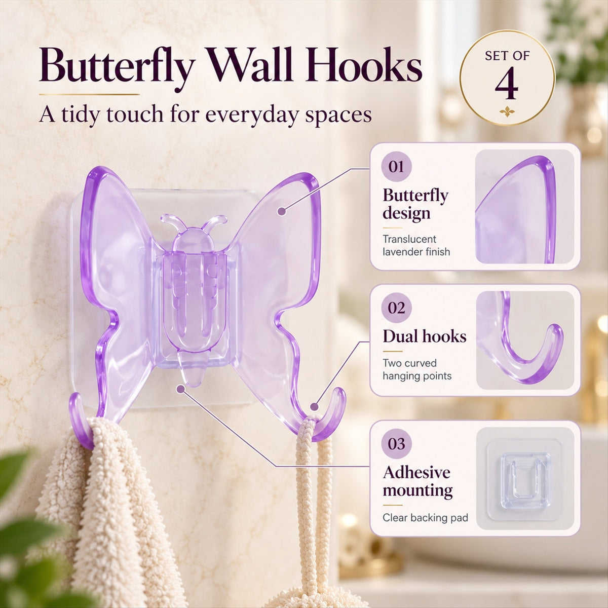 A purple butterfly wall hook holding a small towel in a bathroom setting