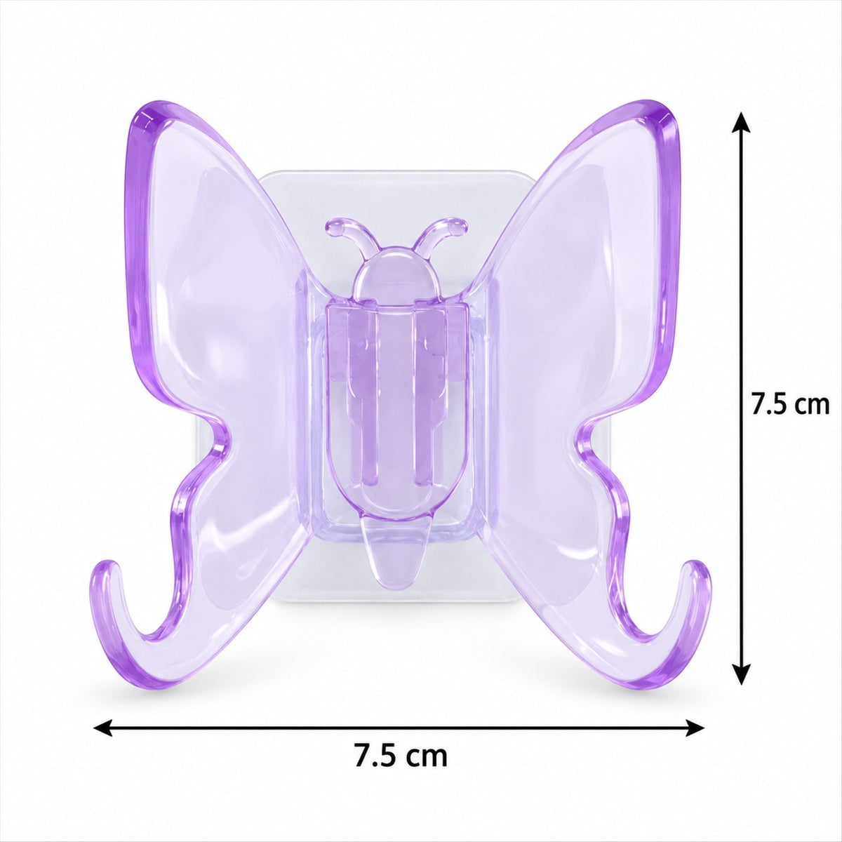 Diagram showing the 7.5 cm by 7.5 cm dimensions of a butterfly wall hook
