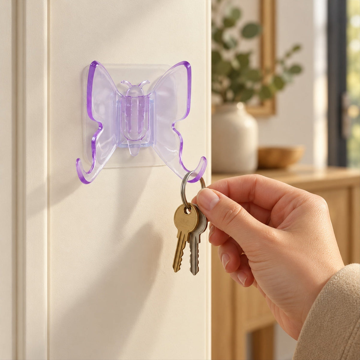 Multiple translucent purple butterfly wall hooks displayed against a plain white background
