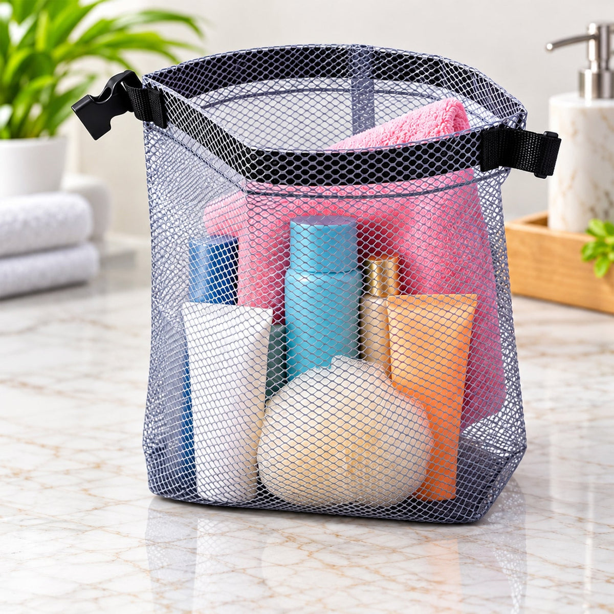Mesh travel organizer pouch buckle toiletries
