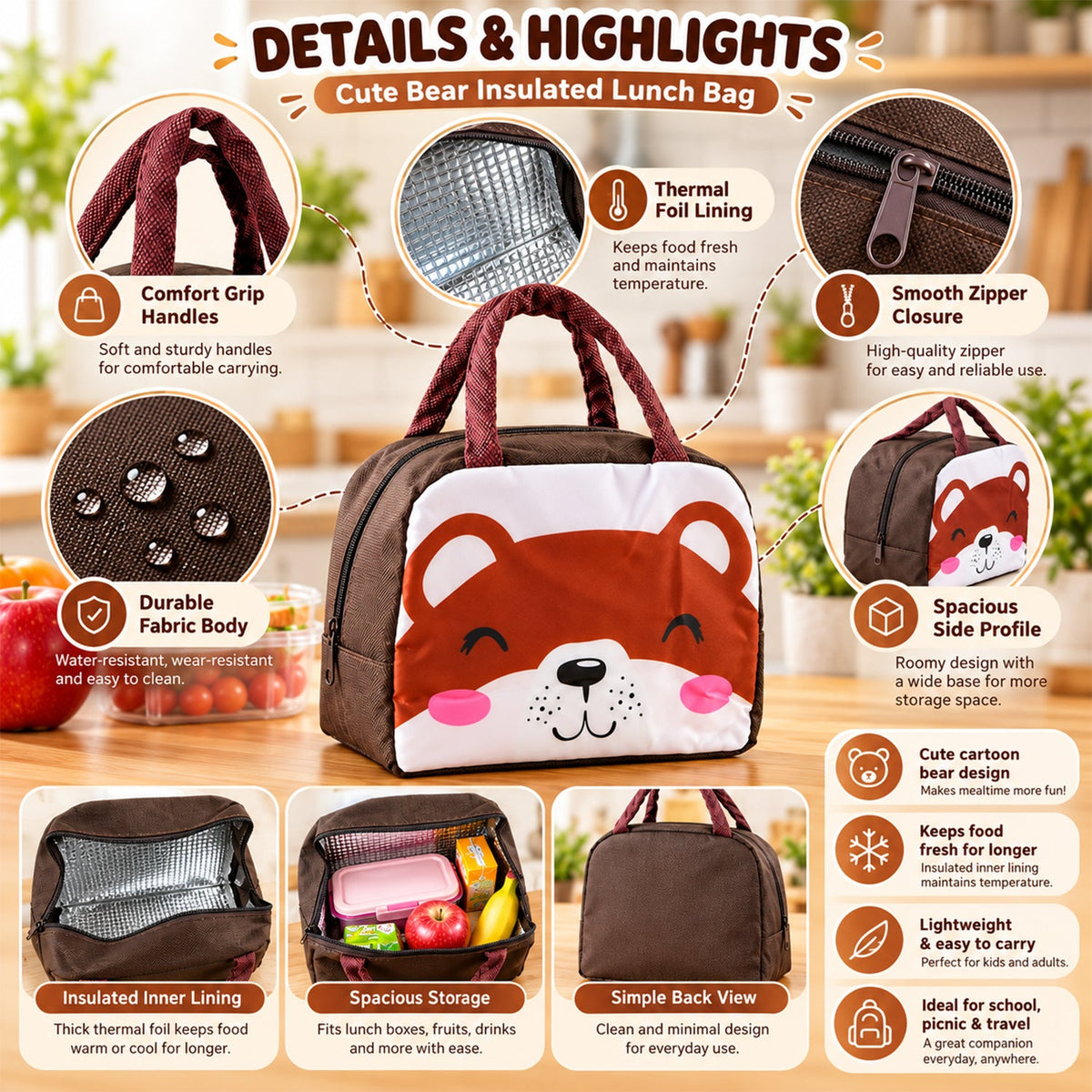 Top down view of the open kids insulated lunch bag