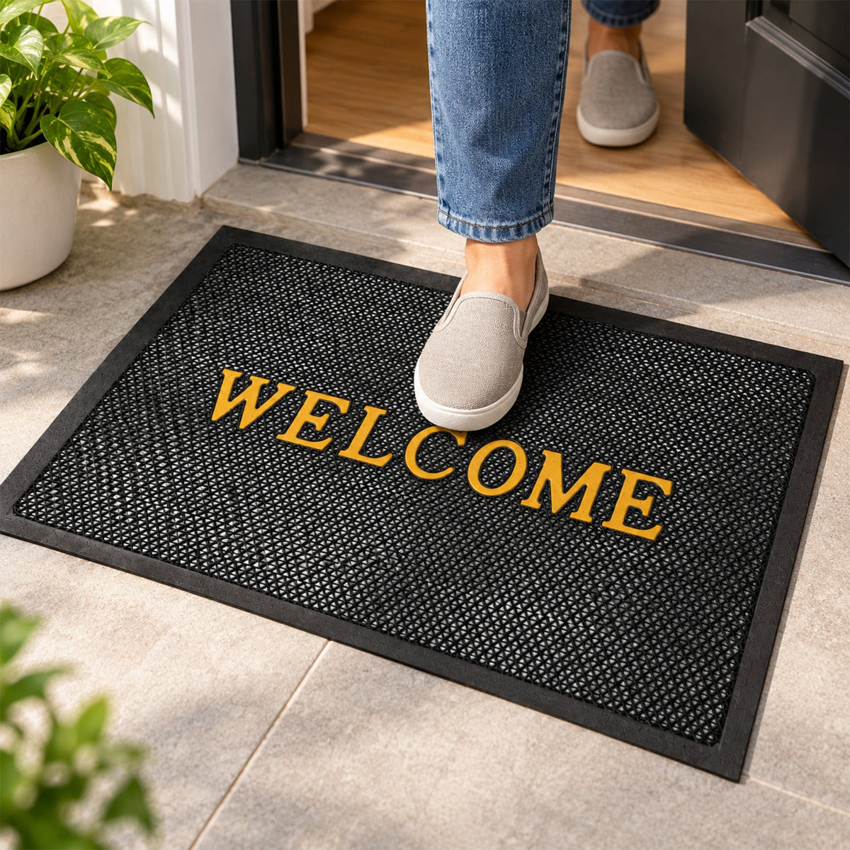 Rectangular black Welcome Door Mat with yellow lettering