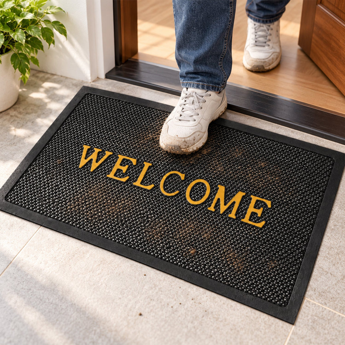 Close up of the textured mesh surface of the door mat