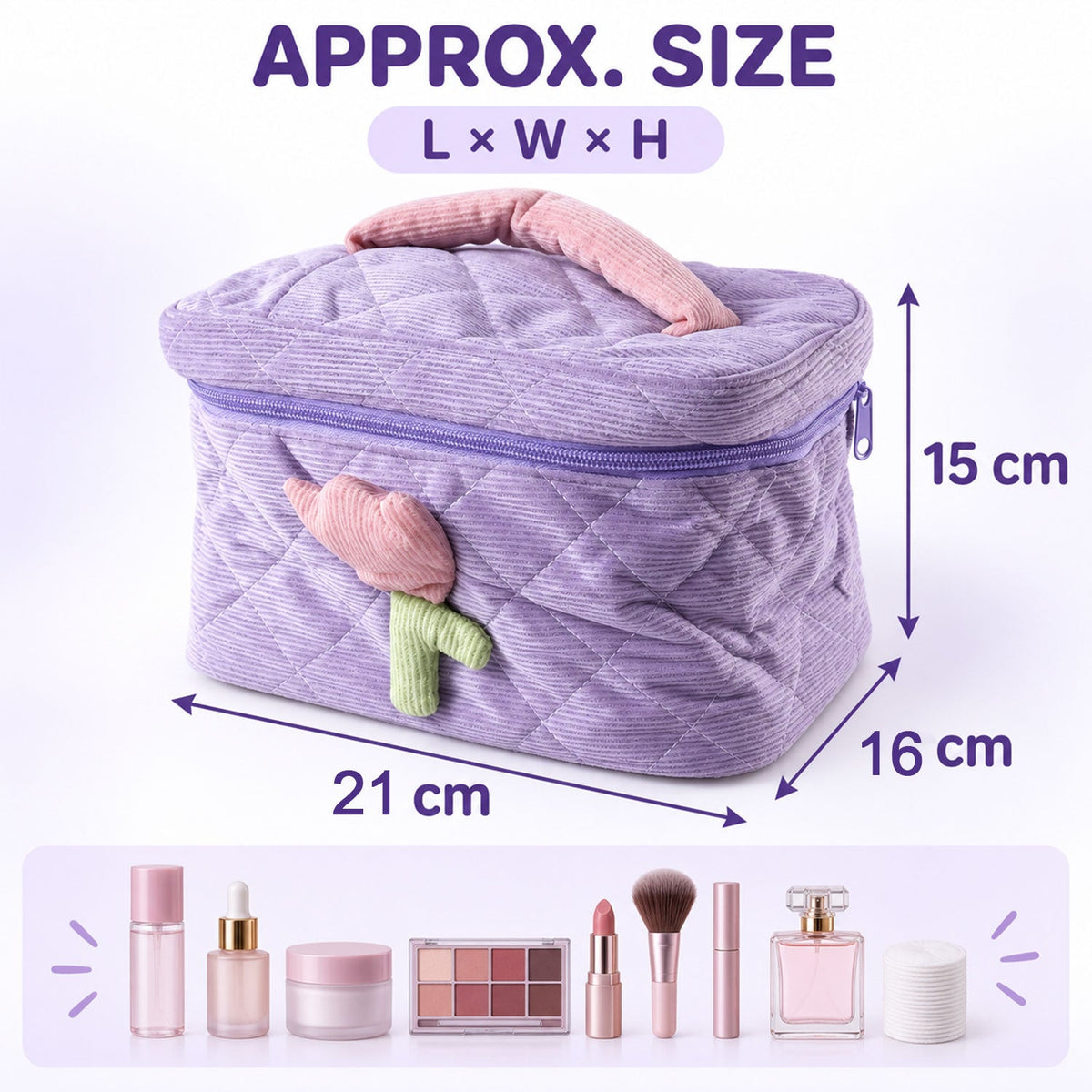 Reusable quilted organizer bag with handle - dimensions