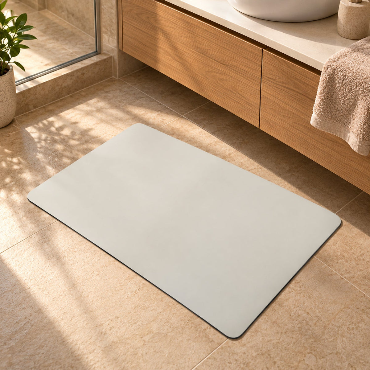 A cream rectangular floor mat with rounded edges rests on light brown tiled flooring in a sunlit bathroom.