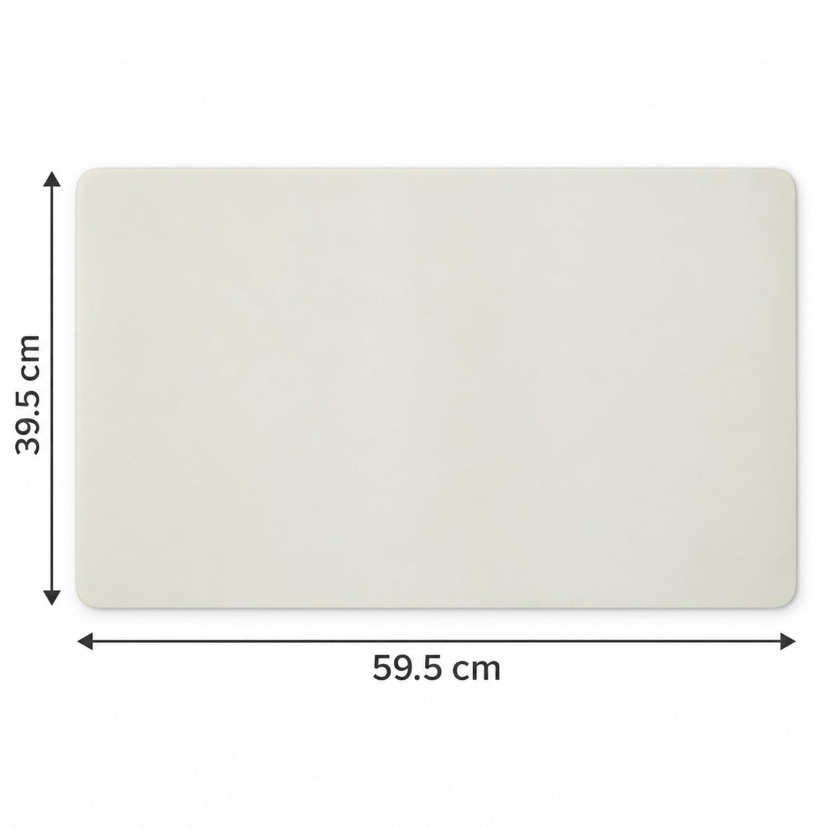 A cream rectangular mat with rounded corners is shown with its dimensions, 39.5 cm by 59.5 cm, indicated by arrows.