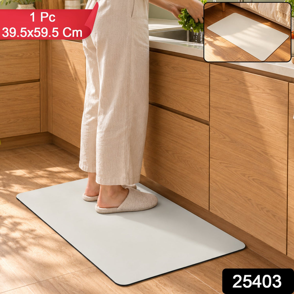 A person in slippers stands on a cream mat in a kitchen. An inset shows the mat alone on a floor.