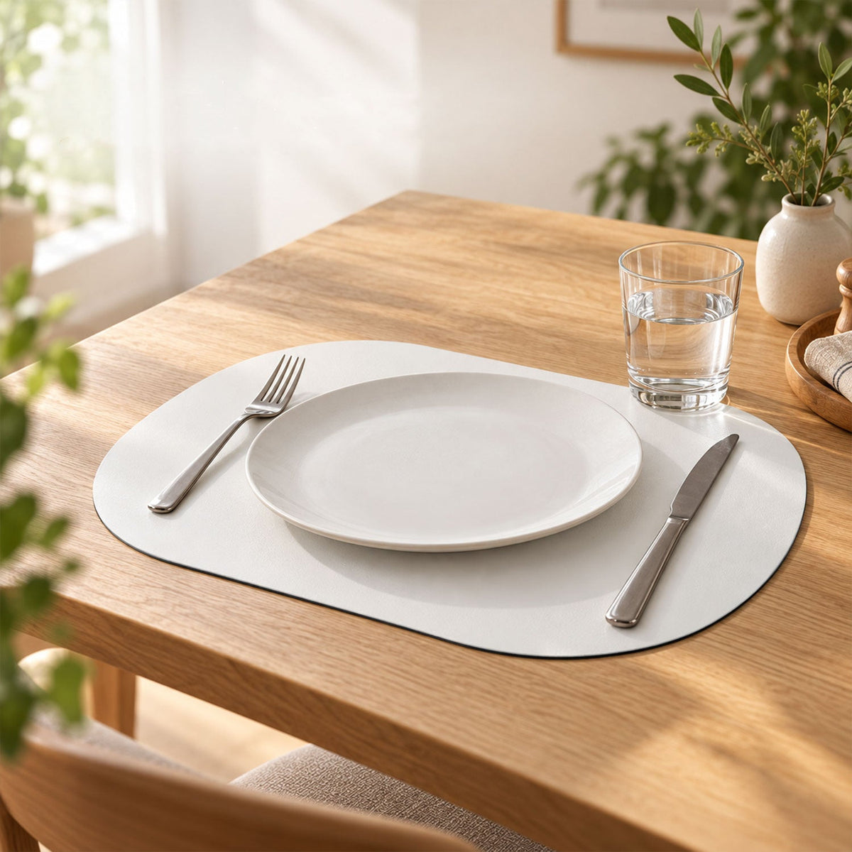 A white oval placemat set on a wooden table with a white plate, fork, knife, and glass of water.