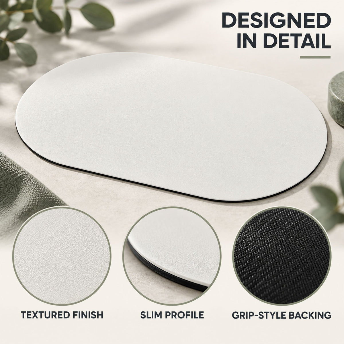 A white oval mat with detailed close-ups of its textured finish, slim profile, and grip-style backing.