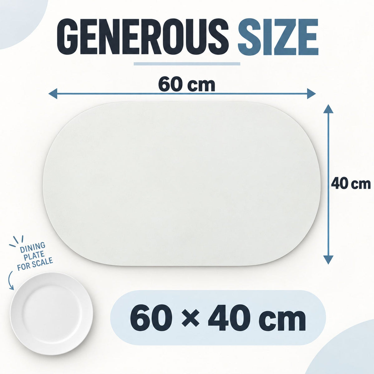 A white oval mat with dimensions 60 cm by 40 cm, shown with a small white plate for scale.
