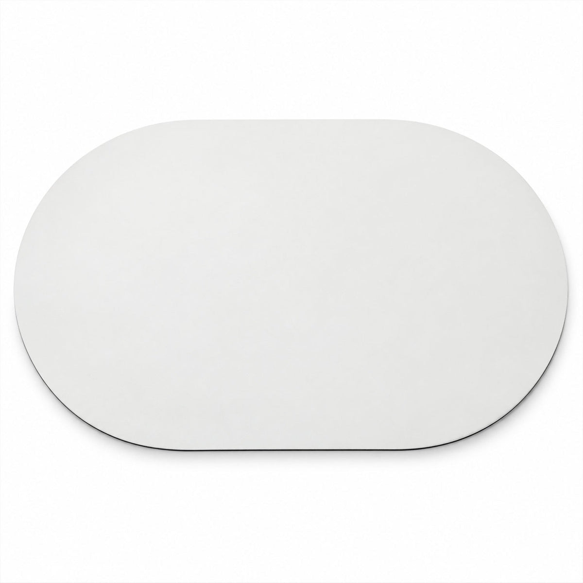 A simple, plain white oval mat with a dark edge, viewed from directly above.