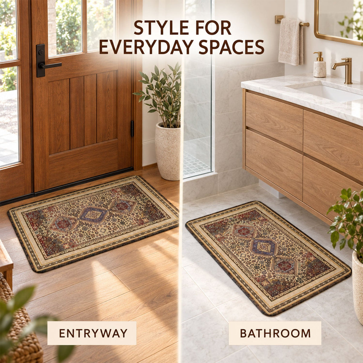 Split image showing the decorative mat in an entryway on wood flooring and in a bathroom on tiled flooring.