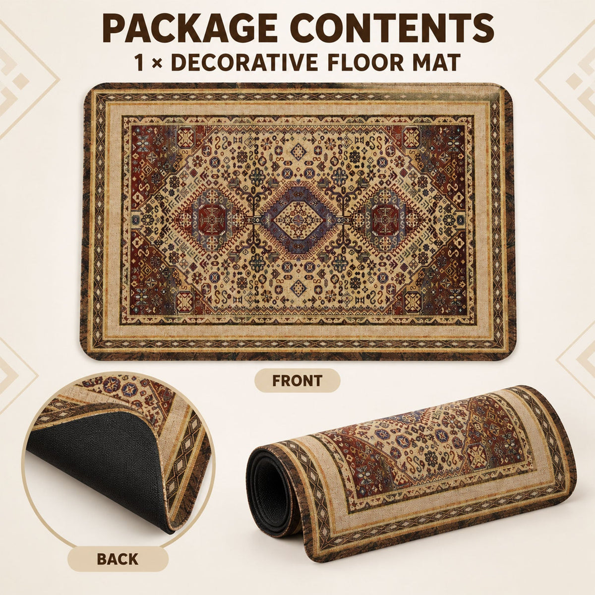 The decorative floor mat laid flat, with a rolled-up version and an inset showing its dark, non-slip backing.