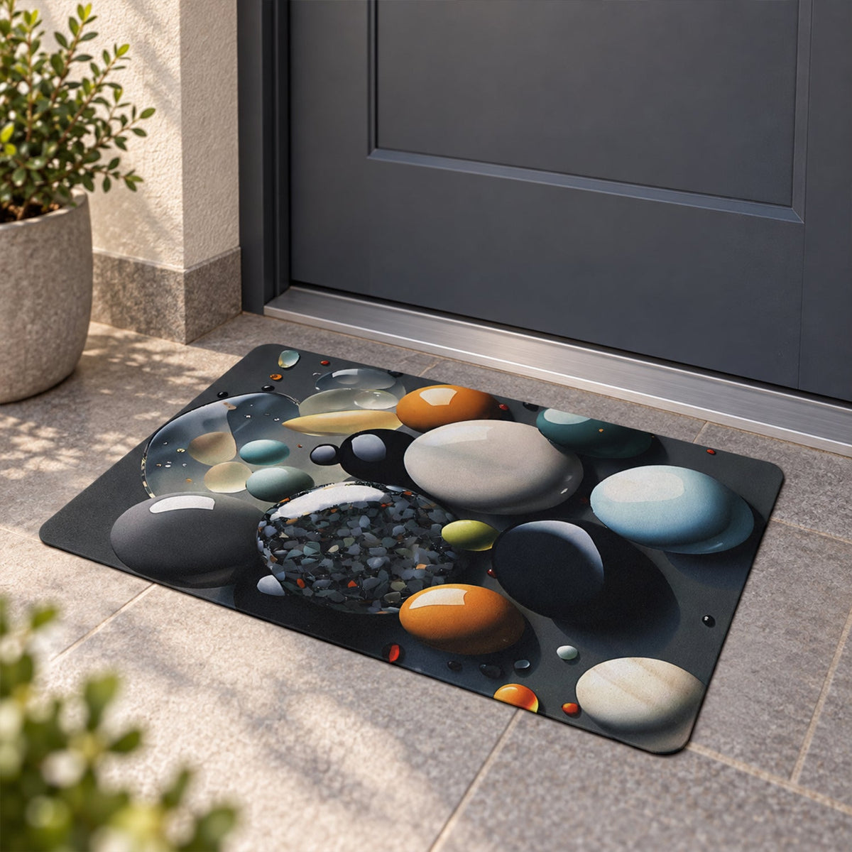 An entryway mat with a colorful pebble pattern, positioned outside a dark grey door.