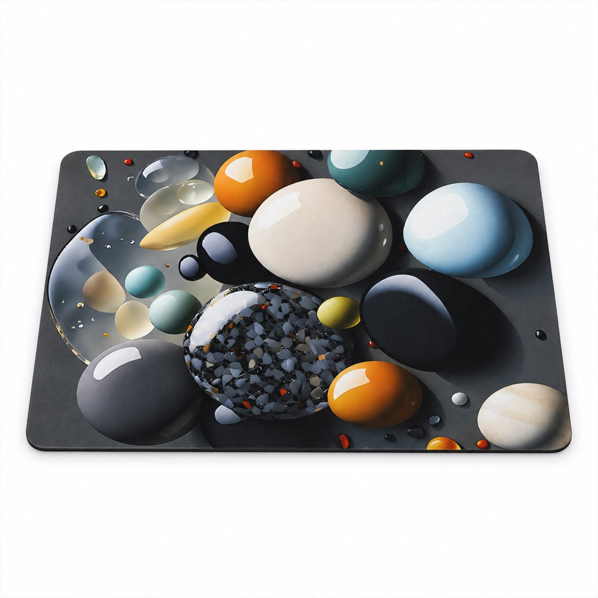 A rectangular mat with a modern pebble print in various shades of blue, orange, and grey.