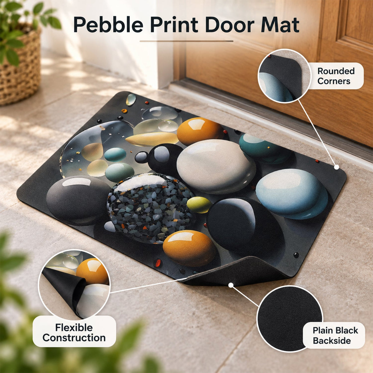 A pebble print mat with callouts highlighting its rounded corners, flexible construction, and plain black backside.